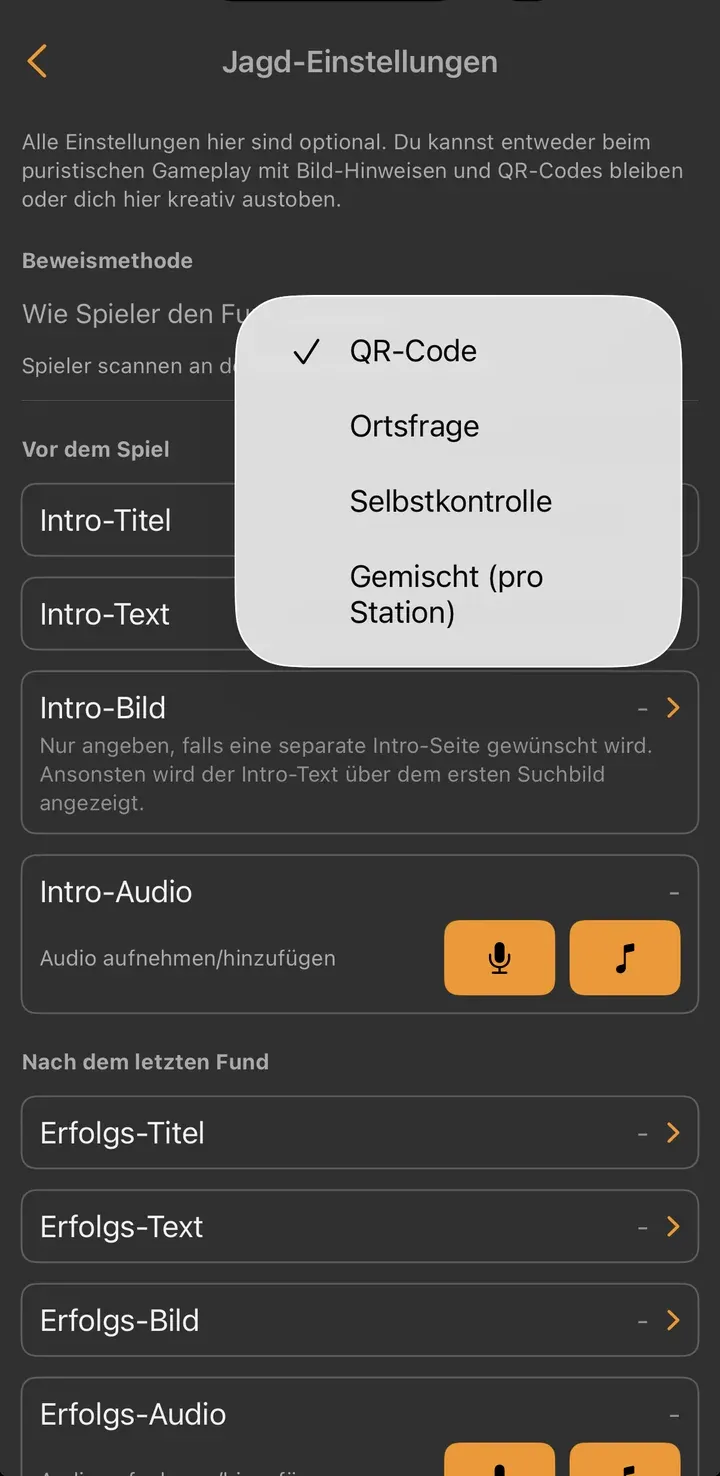 Jagd-Einstellungen, Auswahl der Beweismethode: QR-Code, Ortsfrage, Selbstkontrolle, Gemischt (pro Station)