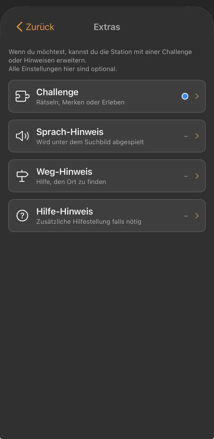 Extras-Übersicht einer Station, bei der die Challenge einen blauen Punkt trägt