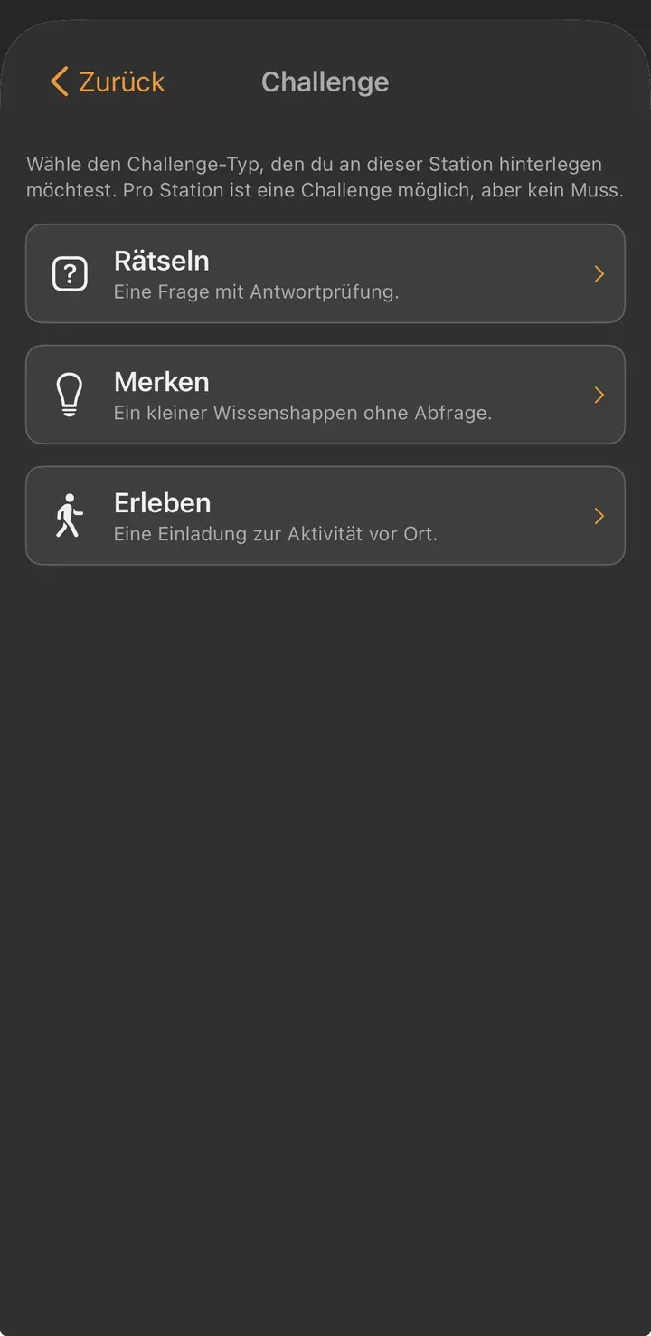 Auswahl des Challenge-Typs: Rätseln, Merken oder Erleben