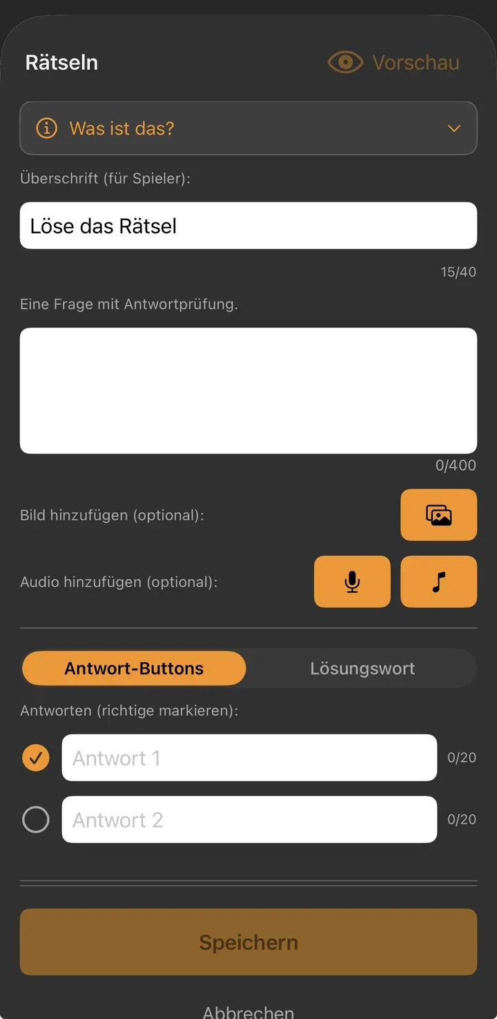 Rätsel-Formular mit Überschrift, Frage, Bild, Ton und zwei Antwortfeldern