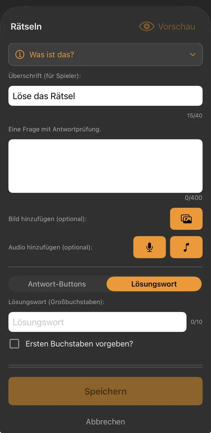 Rätsel-Formular in der Variante Lösungswort mit Feld für das Wort und Option für den ersten Buchstaben