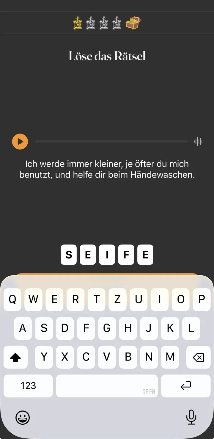 Lösungswort-Rätsel im Spiel: Rätseltext und fünf Buchstabenfelder, die das Wort SEIFE ergeben