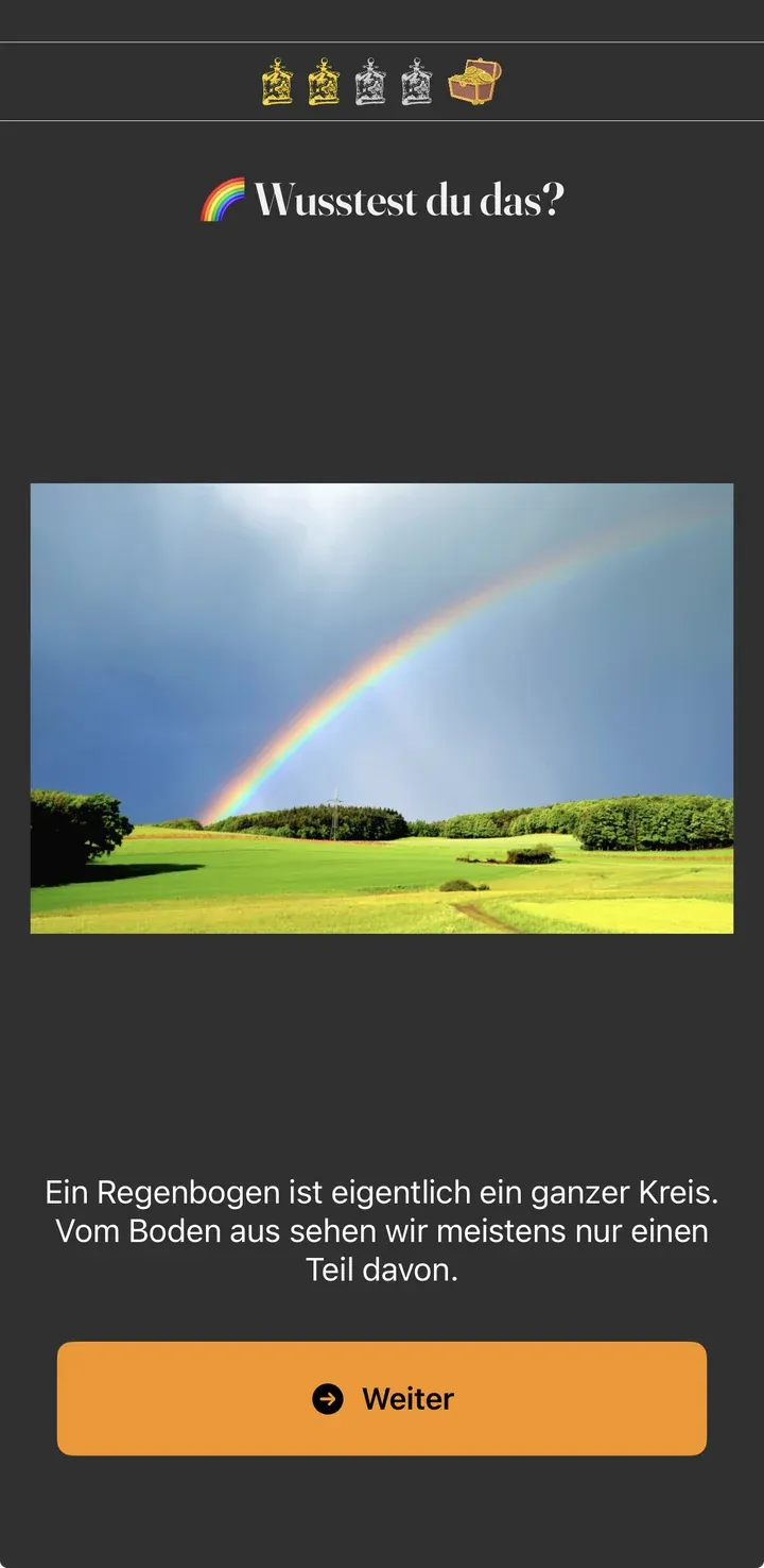 Merken-Challenge im Spiel: „Wusstest du das?“ mit Regenbogenfoto und einem Fun Fact