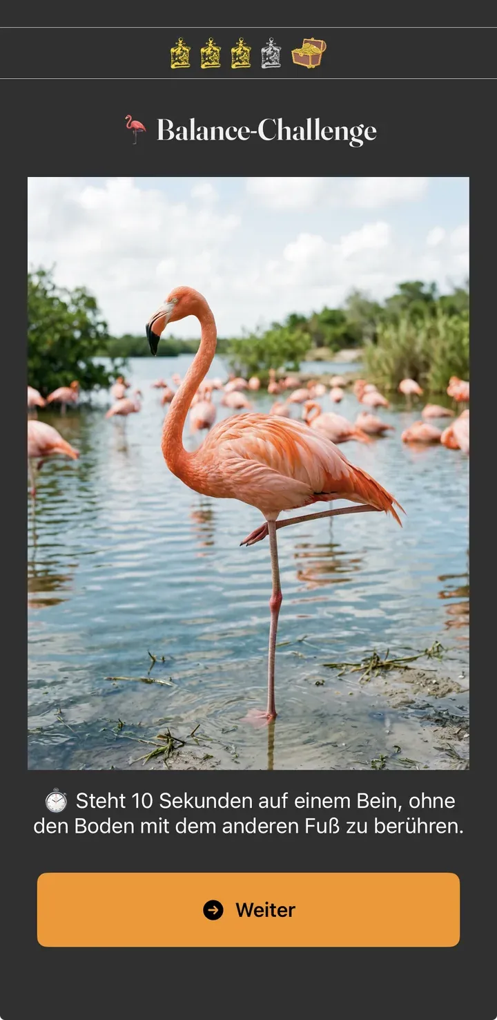 Erleben-Challenge im Spiel: „Balance-Challenge“ mit Flamingo-Foto und der Aufgabe, zehn Sekunden auf einem Bein zu stehen