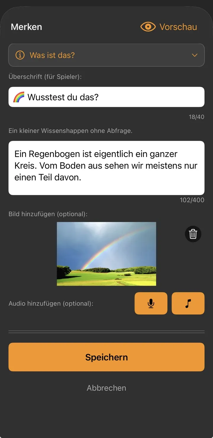 Merken-Formular mit Überschrift „Wusstest du das?“, Text über Regenbogen, Foto und Ton-Buttons