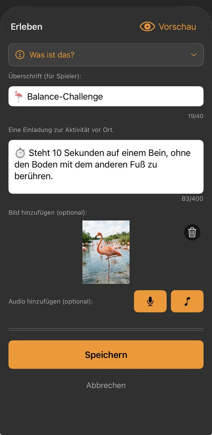 Erleben-Formular mit Überschrift „Balance-Challenge“, Aufgabentext, Flamingo-Foto und Ton-Buttons
