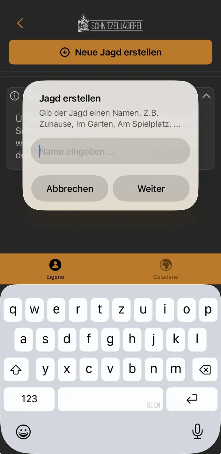 Dialog „Jagd erstellen“ mit Eingabefeld für den Namen