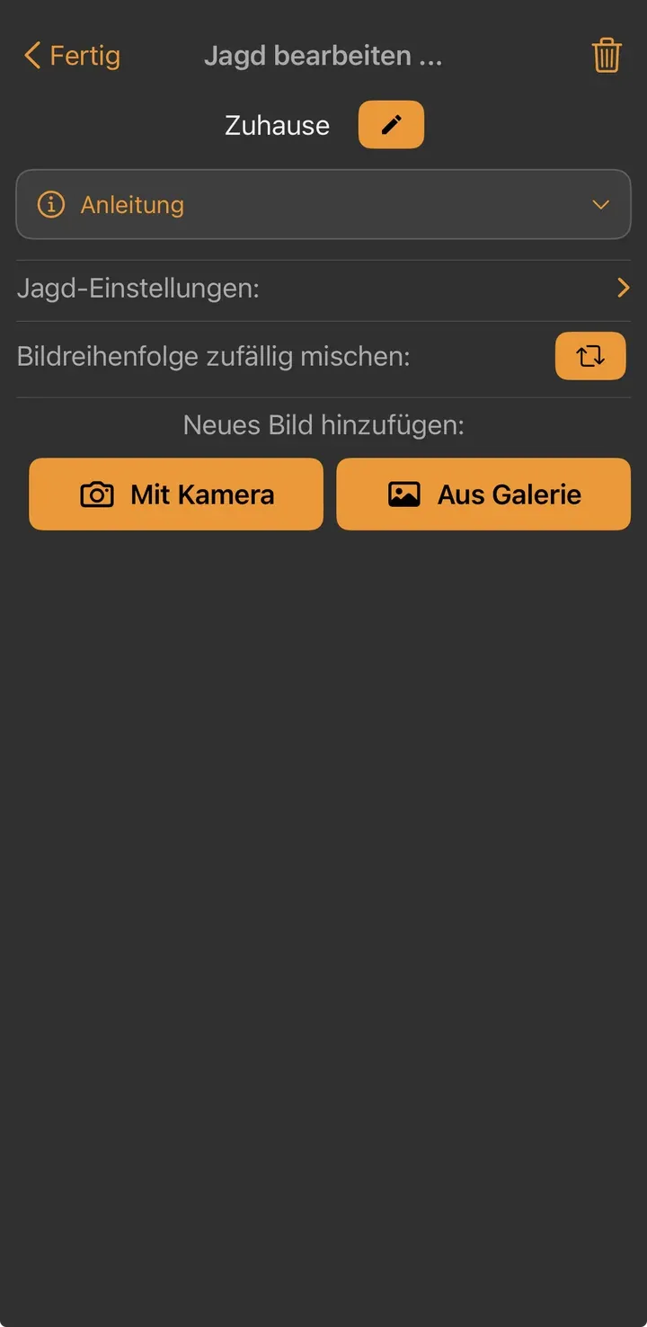 Leerer Bearbeiten-Screen mit den Buttons „Mit Kamera“ und „Aus Galerie“