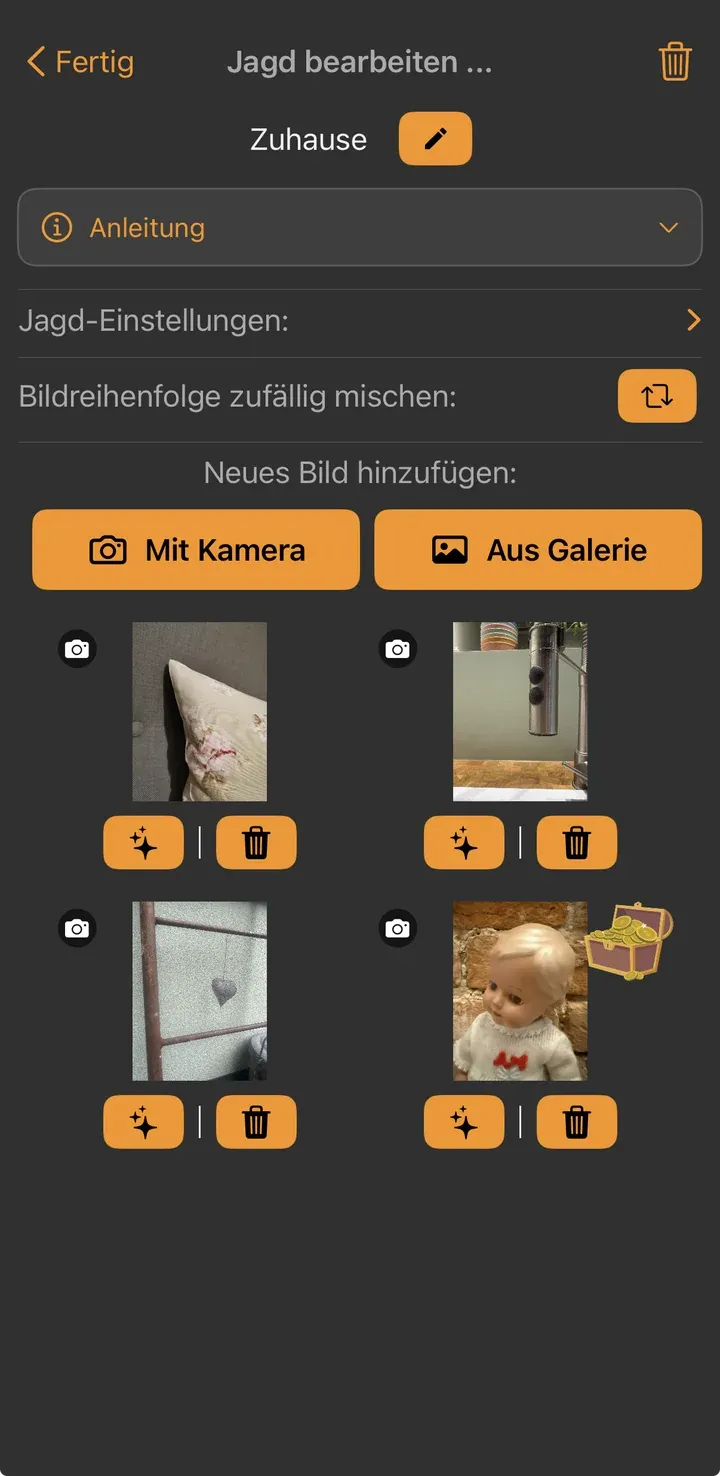 Bearbeiten-Screen mit vier Versteckbildern, das letzte trägt ein Schatztruhen-Symbol