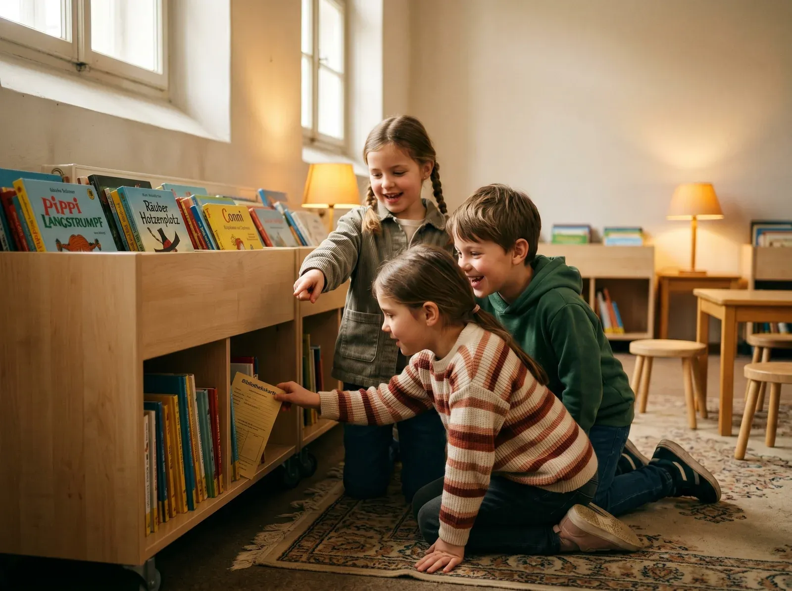 Drei Kinder finden eine Karte zwischen Büchern in der Kinderbibliothek