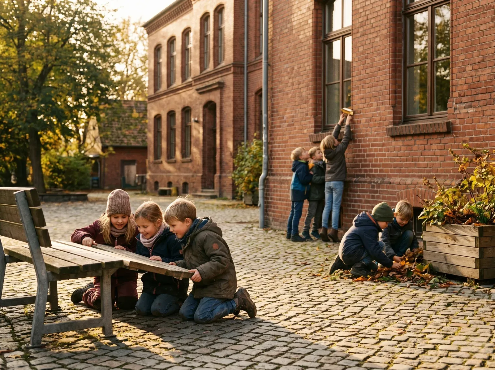 Drei Kleingruppen suchen gleichzeitig in einem Hort-Innenhof nach versteckten Karten