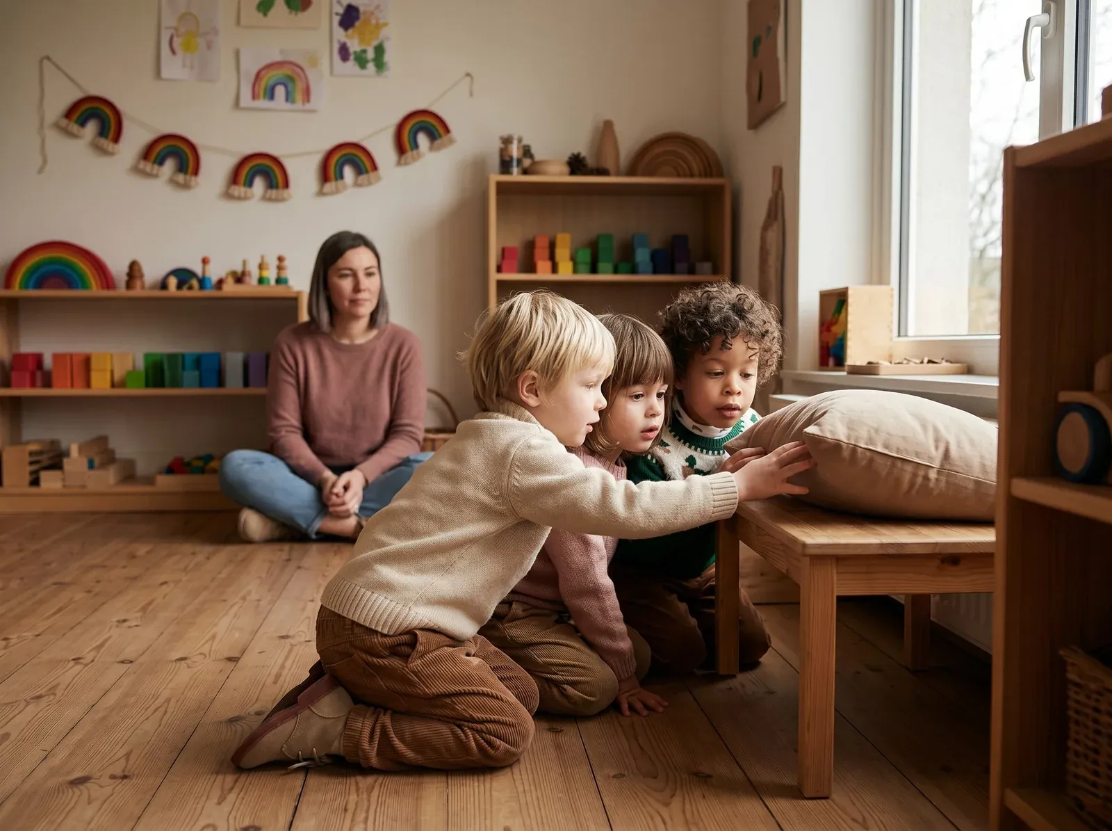 Drei Kita-Kinder heben gemeinsam ein Kissen auf einer Holzbank, Erzieherin sitzt im Hintergrund