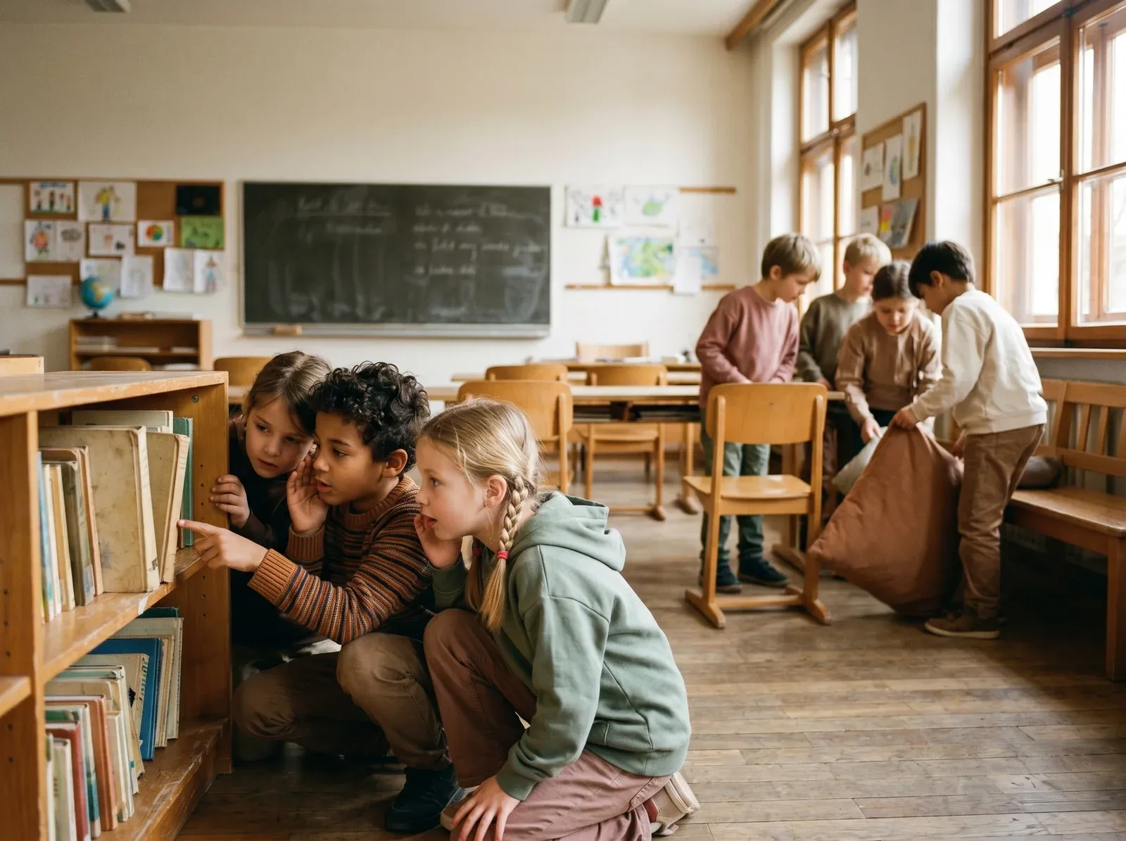 Grundschulkinder durchsuchen gemeinsam ein Klassenzimmer in Kleingruppen