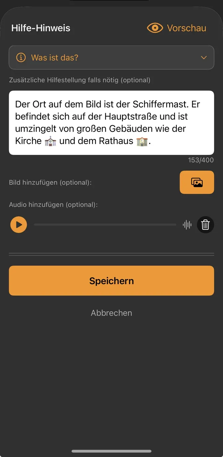 Hilfe-Hinweis-Editor mit ausgefülltem Text zum Schiffermast, Kirche und Rathaus als Orientierung
