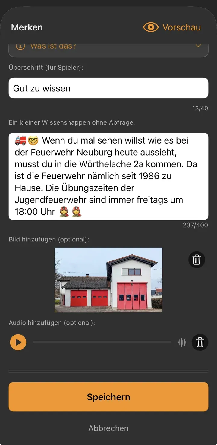 Merken-Editor mit Überschrift „Gut zu wissen“ und Text über die Feuerwehr Neuburg