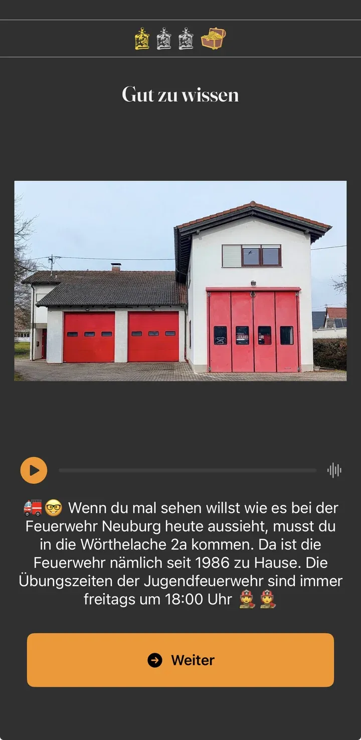 Merken-Screen im Spiel: „Gut zu wissen“, Text zur Feuerwehr, Button Weiter ohne Antwortprüfung