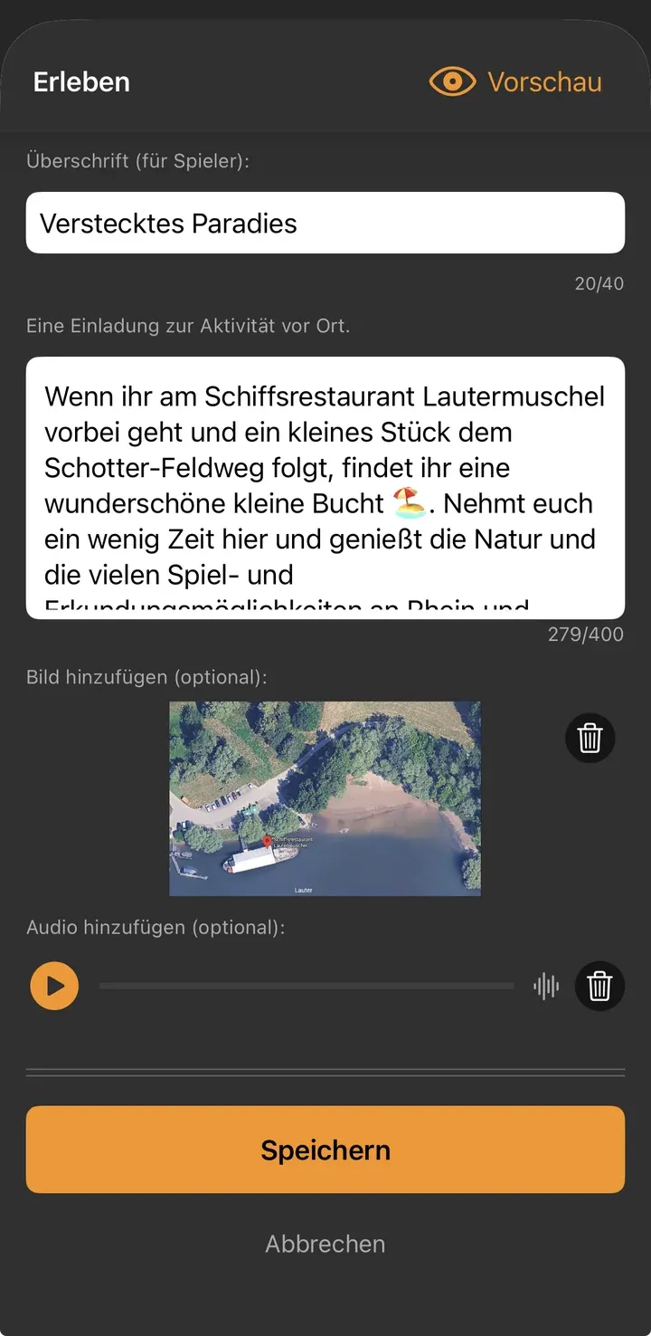 Erleben-Editor mit Überschrift „Verstecktes Paradies“ und Einladung, eine Bucht am Rhein zu entdecken