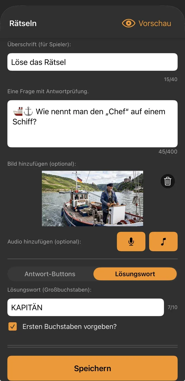 Rätseln-Editor mit dem Lösungswort KAPITÄN und gesetztem Haken bei „Ersten Buchstaben vorgeben?“