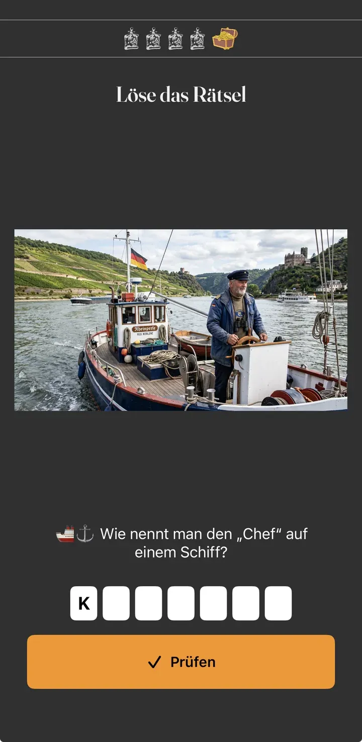 Rätsel im Spiel: sieben Kästchen für das Lösungswort, im ersten steht bereits ein K