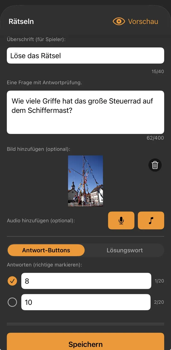 Rätseln-Editor, Modus Antwort-Buttons: zwei Antwortfelder mit 8 und 10, die 8 ist als richtig markiert