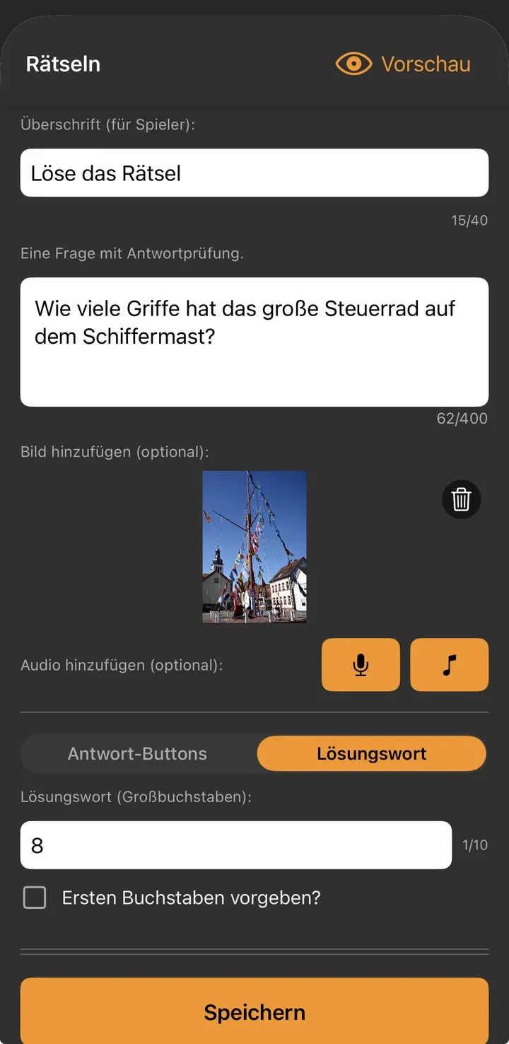 Rätseln-Editor mit der Überschrift „Löse das Rätsel“, der Frage zum Steuerrad, einem Foto des Schiffermasts und dem Lösungswort 8