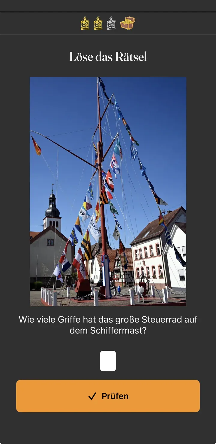 Rätsel im Spiel: Überschrift „Löse das Rätsel“, Foto des Schiffermasts, die Frage und ein einzelnes leeres Eingabefeld mit Prüfen-Button
