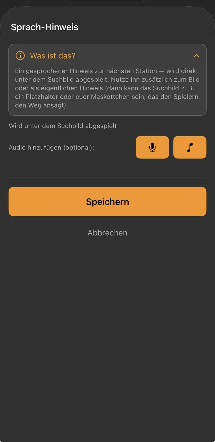 Sprach-Hinweis-Editor mit den beiden Buttons zum Audio hinzufügen: Mikrofon und Notensymbol