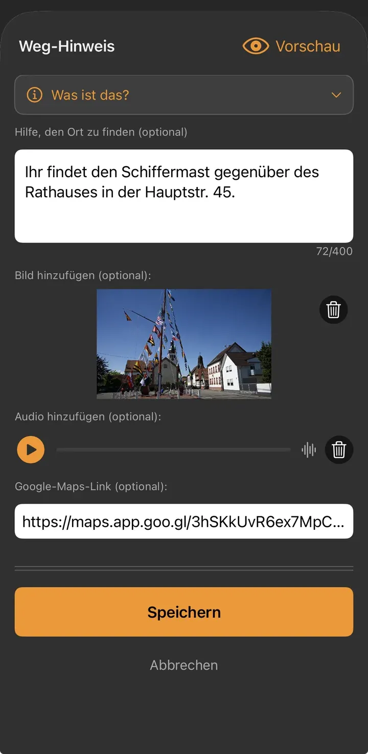 Weg-Hinweis-Editor mit Wegbeschreibung zum Schiffermast, Foto, Audio-Player und einem Feld für den Google-Maps-Link