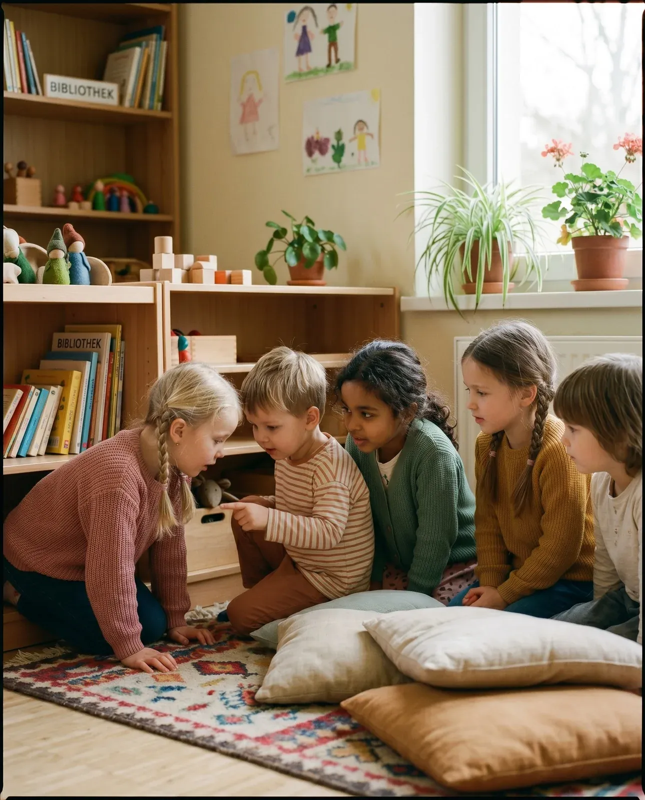 Fünf Kita-Kinder beugen sich in einer Bibliotheks-Ecke über ein Versteck
