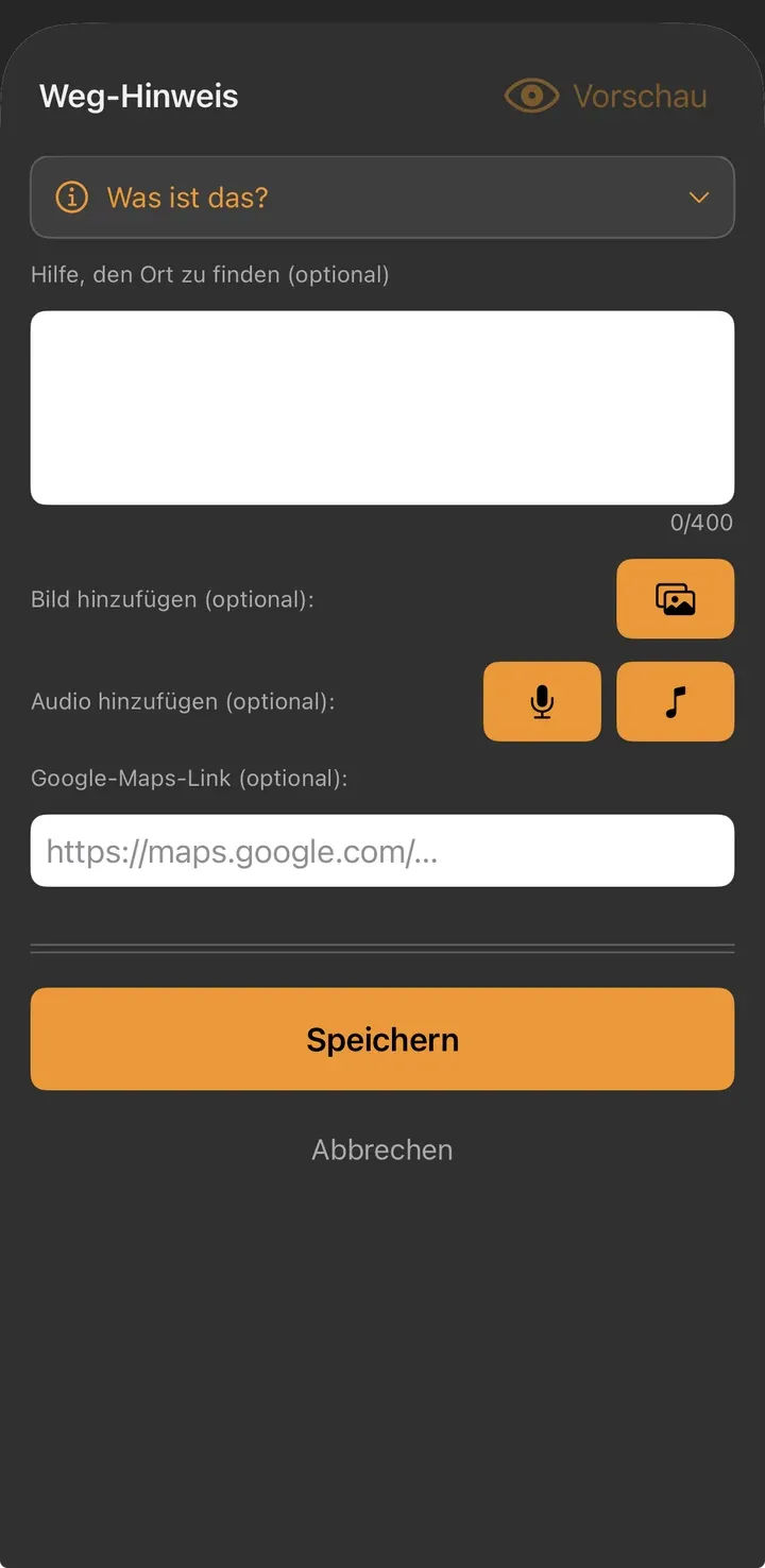 Leerer Weg-Hinweis-Dialog mit Textfeld, Bild-Button, Audio-Buttons und Feld für einen Google-Maps-Link