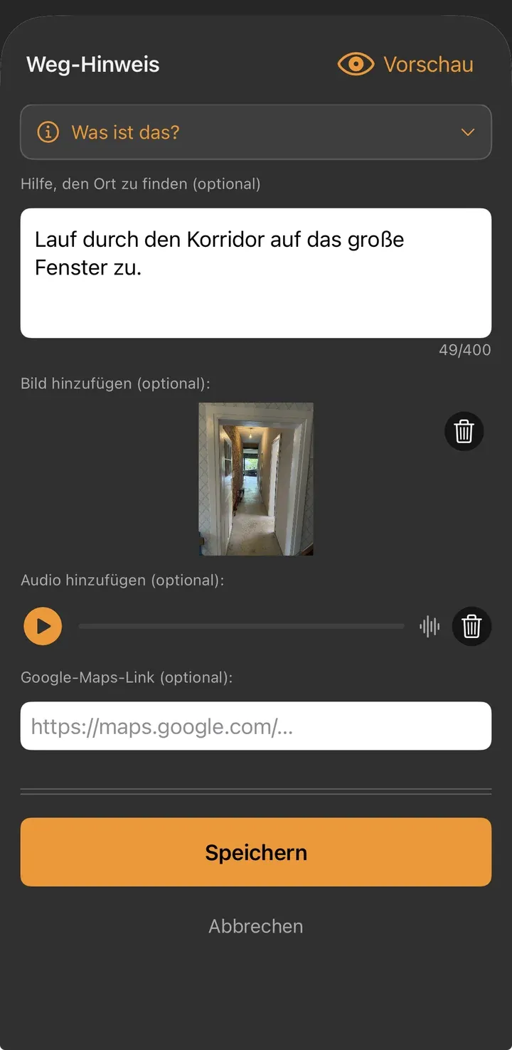 Ausgefüllter Weg-Hinweis: Text, Foto des Korridors und eine Tonaufnahme