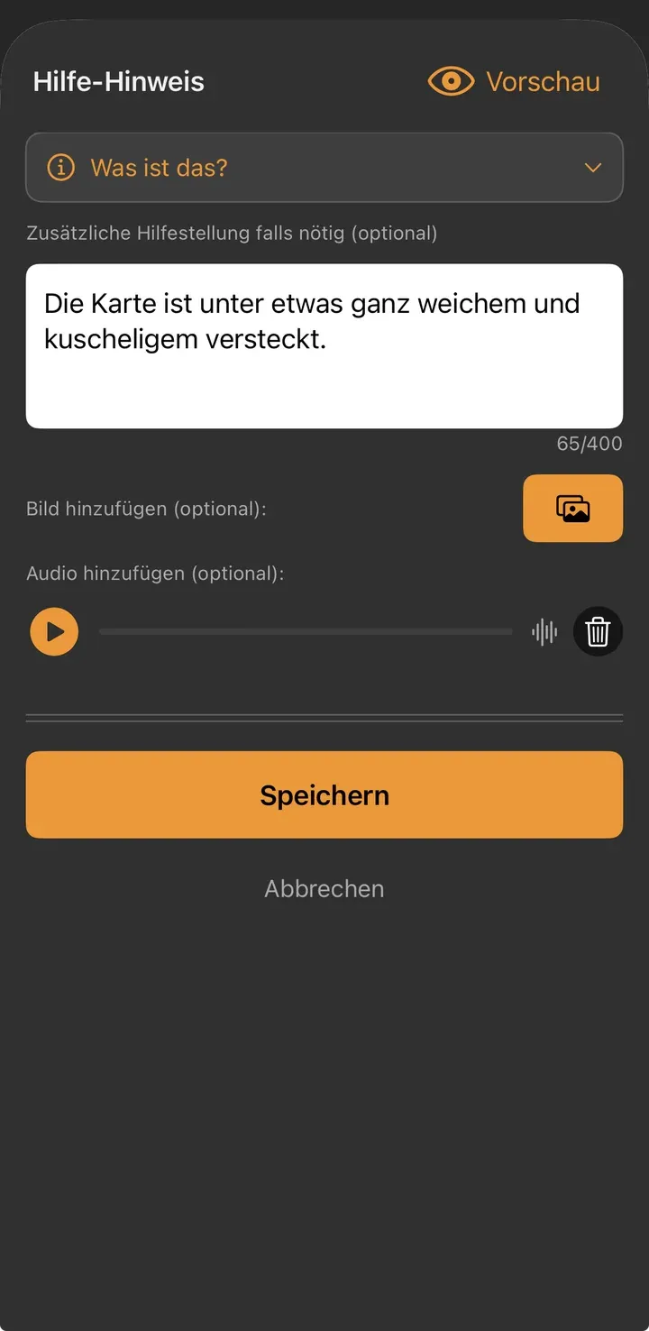 Ausgefüllter Hilfe-Hinweis mit Text und Tonaufnahme