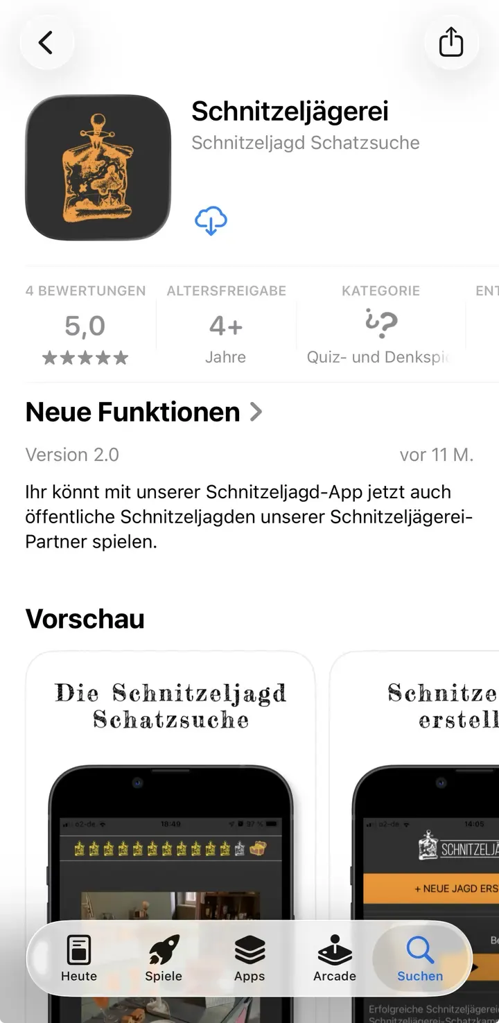 Die Schnitzeljägerei-App im App Store, mit Lade-Button