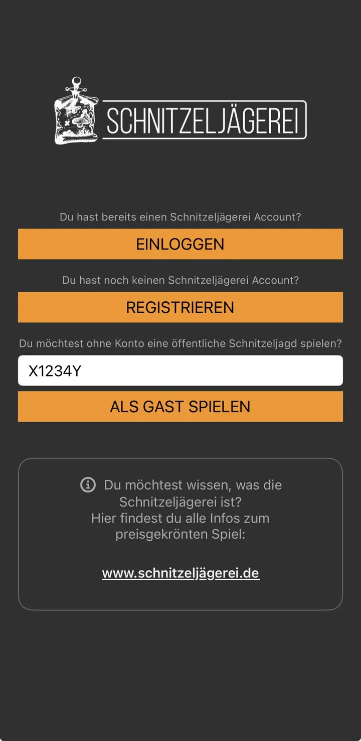 Startbildschirm der App mit eingetragenem Zugriffscode und dem Button „Als Gast spielen“
