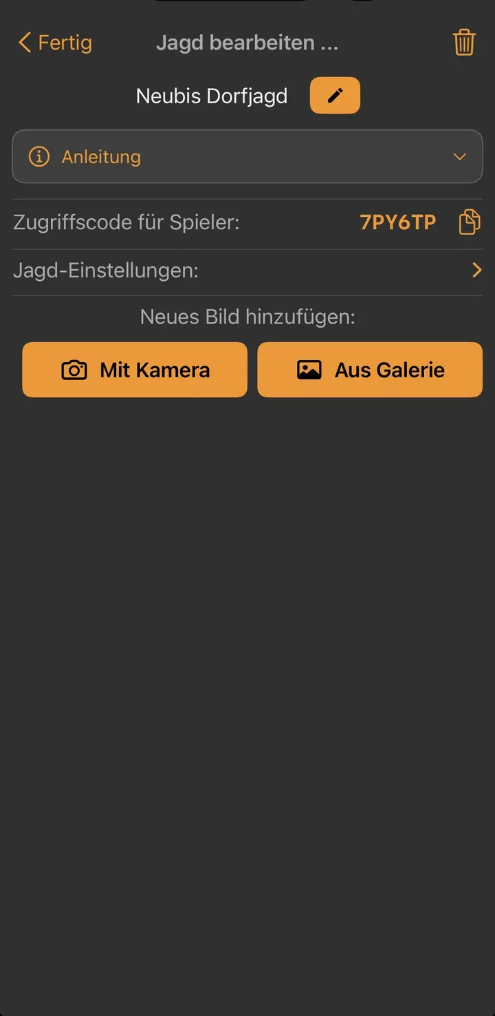 Bearbeiten-Screen einer öffentlichen Jagd „Neubis Dorfjagd“ mit Zugriffscode 7PY6TP, Jagd-Einstellungen und den Buttons „Mit Kamera“/„Aus Galerie“