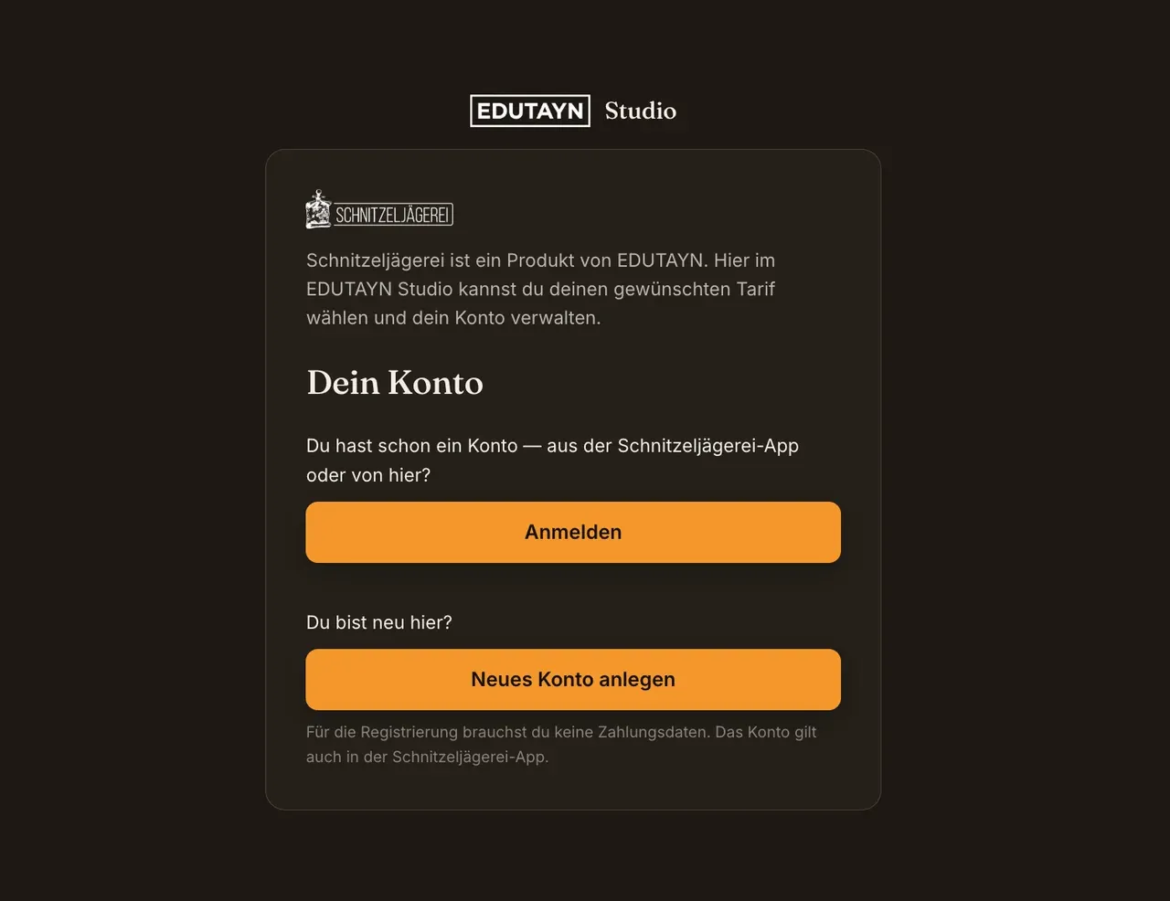 EDUTAYN Studio, Startseite: Buttons „Anmelden“ und „Neues Konto anlegen“
