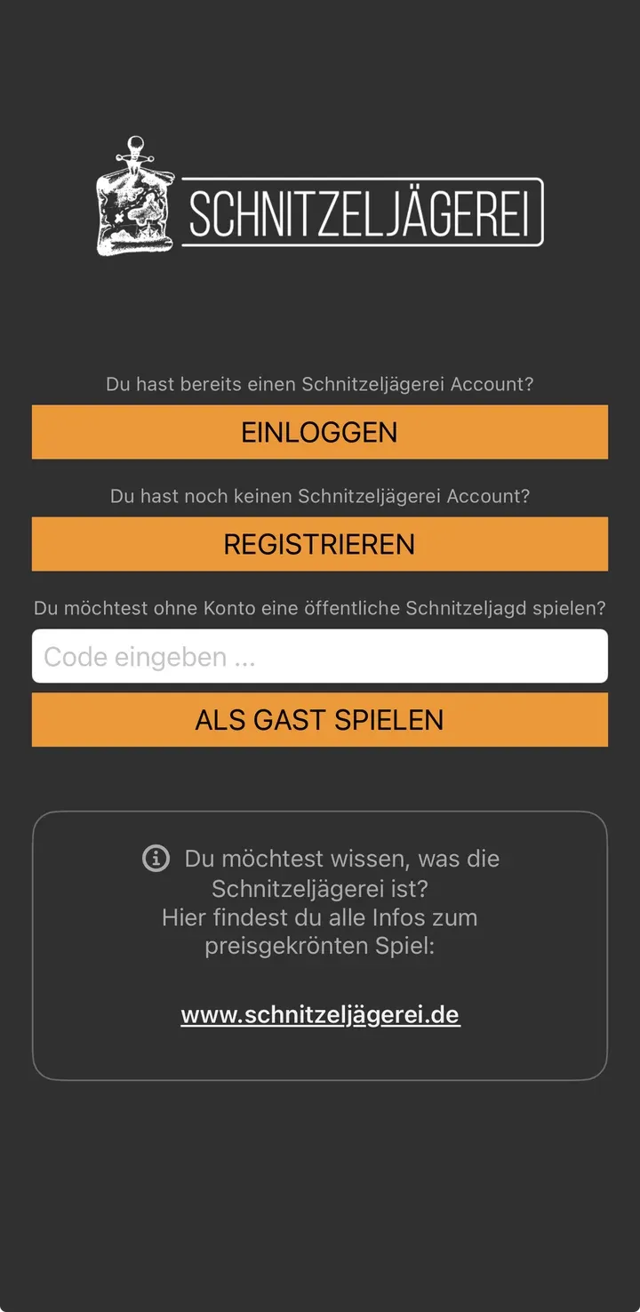 Startbildschirm der App mit Einloggen, Registrieren und darunter dem Feld „Code eingeben …“ mit dem Button „Als Gast spielen“