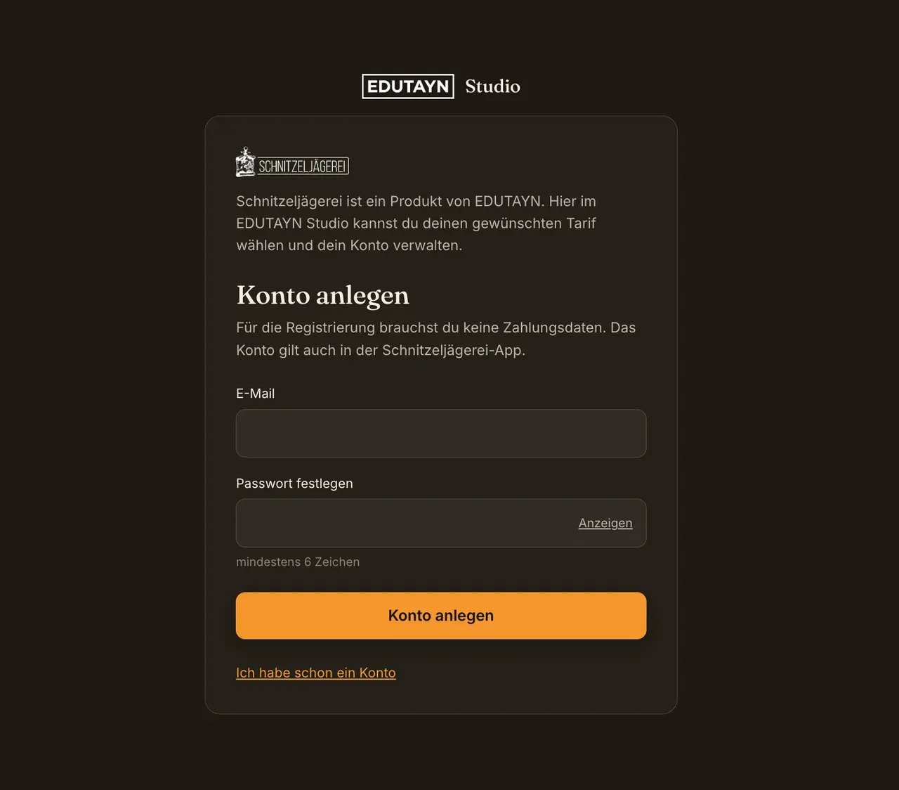 Formular „Konto anlegen“ mit E-Mail und Passwort