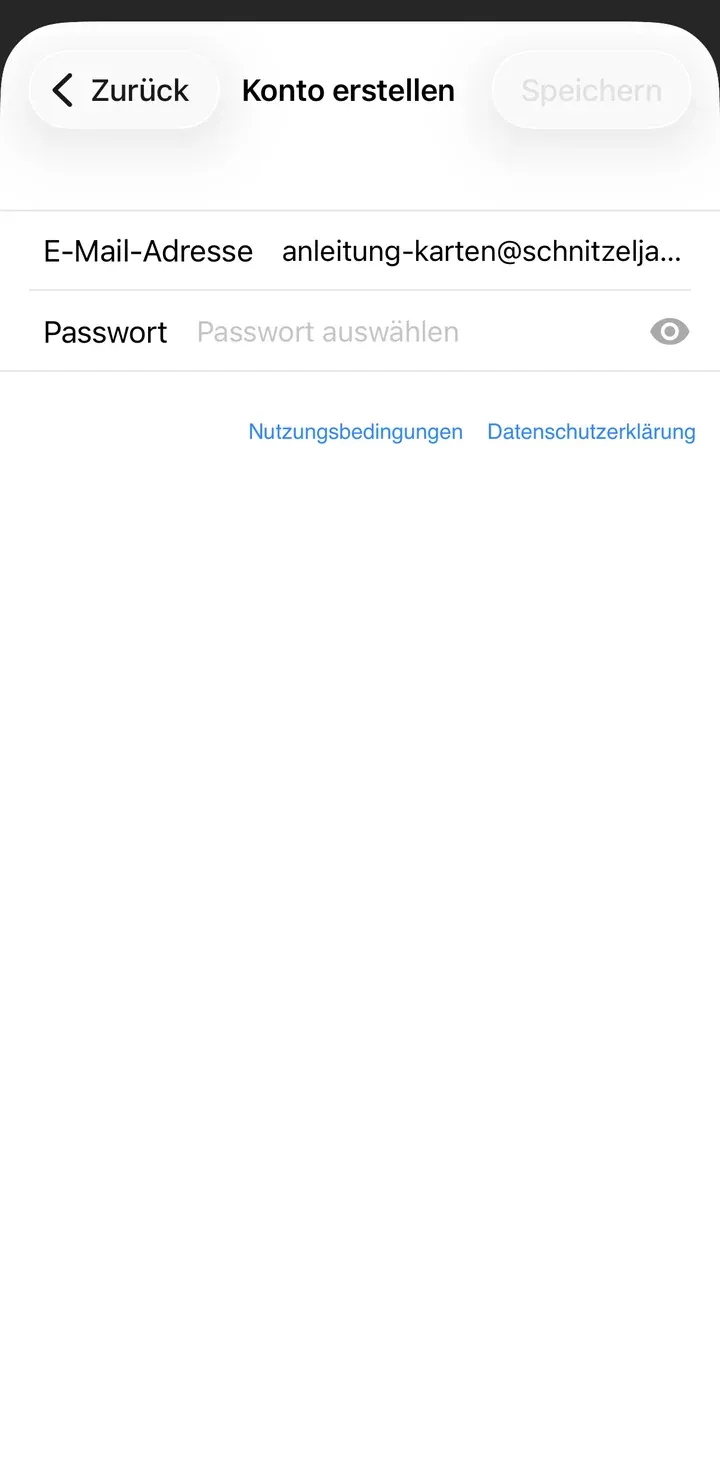 Maske „Konto erstellen“ mit E-Mail-Adresse und Passwortfeld