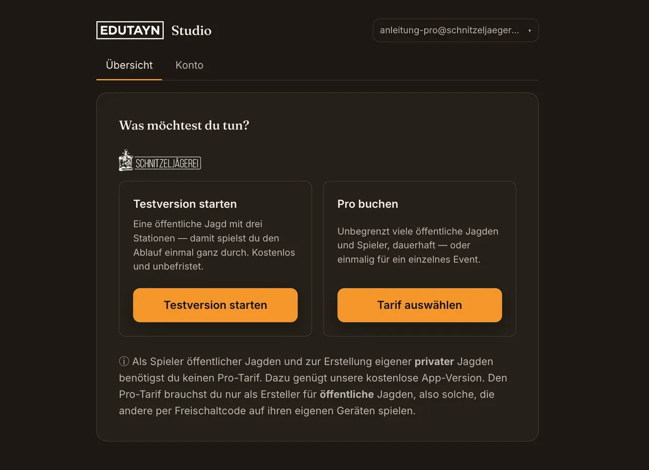 „Was möchtest du tun?“ mit den Optionen „Testversion starten“ und „Pro buchen“
