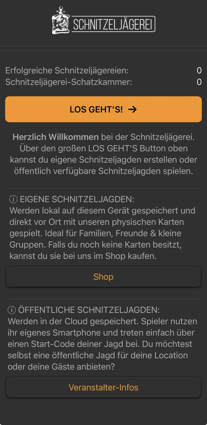 Startbildschirm der Schnitzeljägerei-App mit dem Button „Los geht's“ und den Infoboxen zu eigenen und öffentlichen Schnitzeljagden