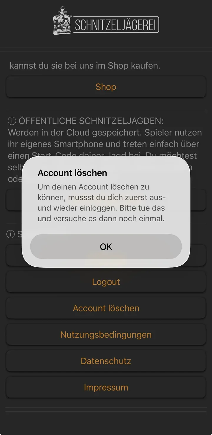 Hinweis-Dialog: Zum Löschen des Accounts muss man sich zuerst aus- und wieder einloggen