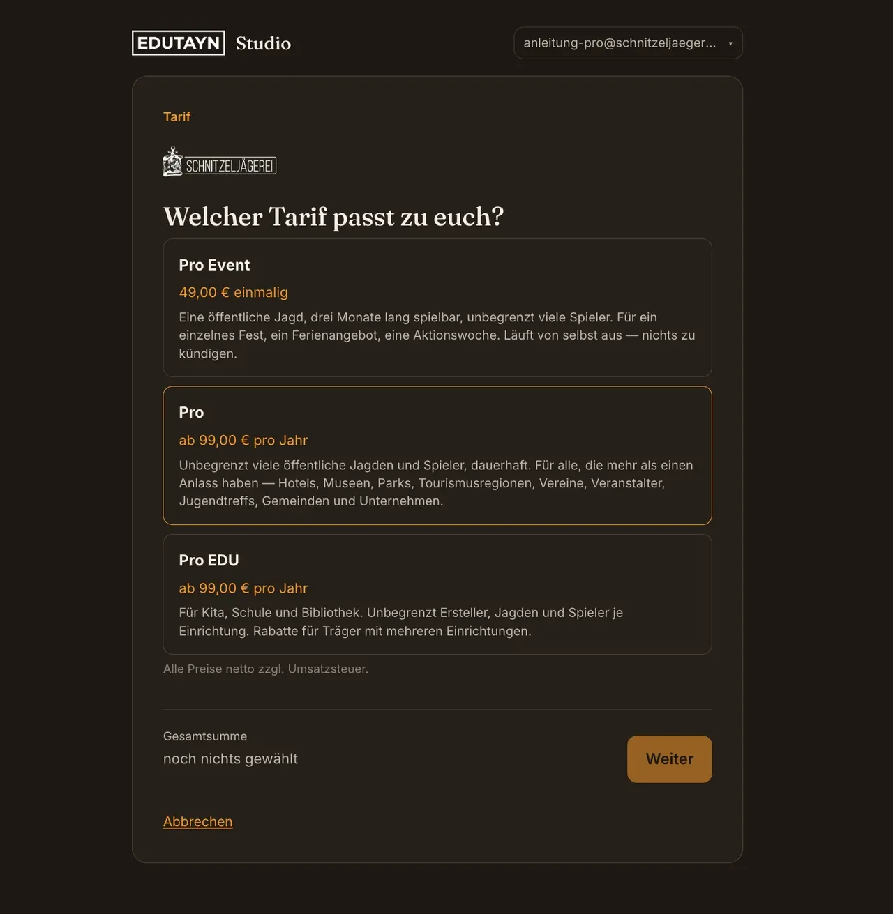 Tarifauswahl: Pro Event (49 € einmalig), Pro (ab 99 € pro Jahr), Pro EDU (ab 99 € pro Jahr)