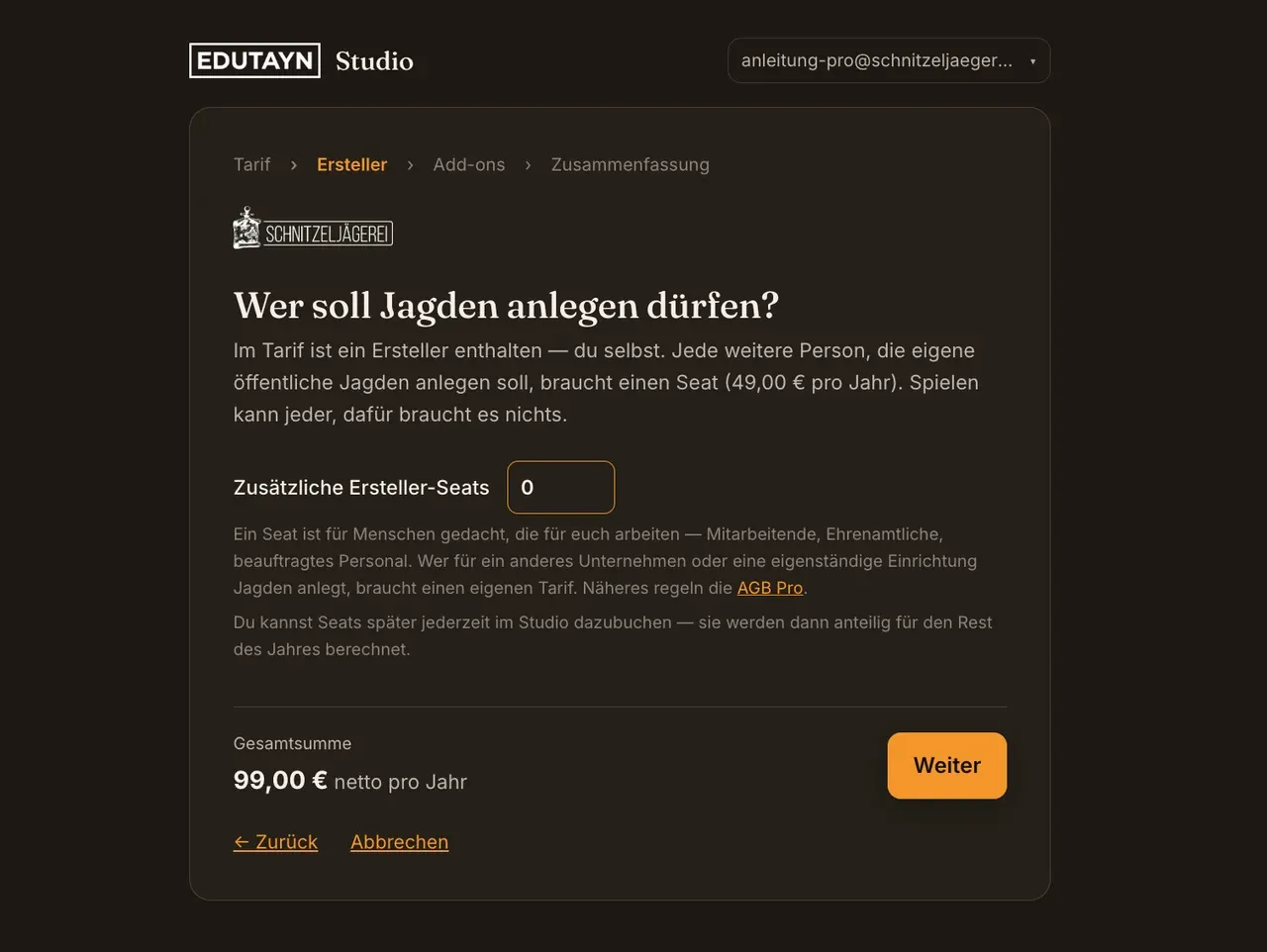 „Wer soll Jagden anlegen dürfen?“ mit Feld für zusätzliche Ersteller-Seats, Wert 0