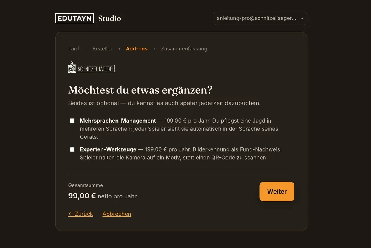 „Möchtest du etwas ergänzen?“ mit den unangehakten Optionen Mehrsprachen-Management und Experten-Werkzeuge