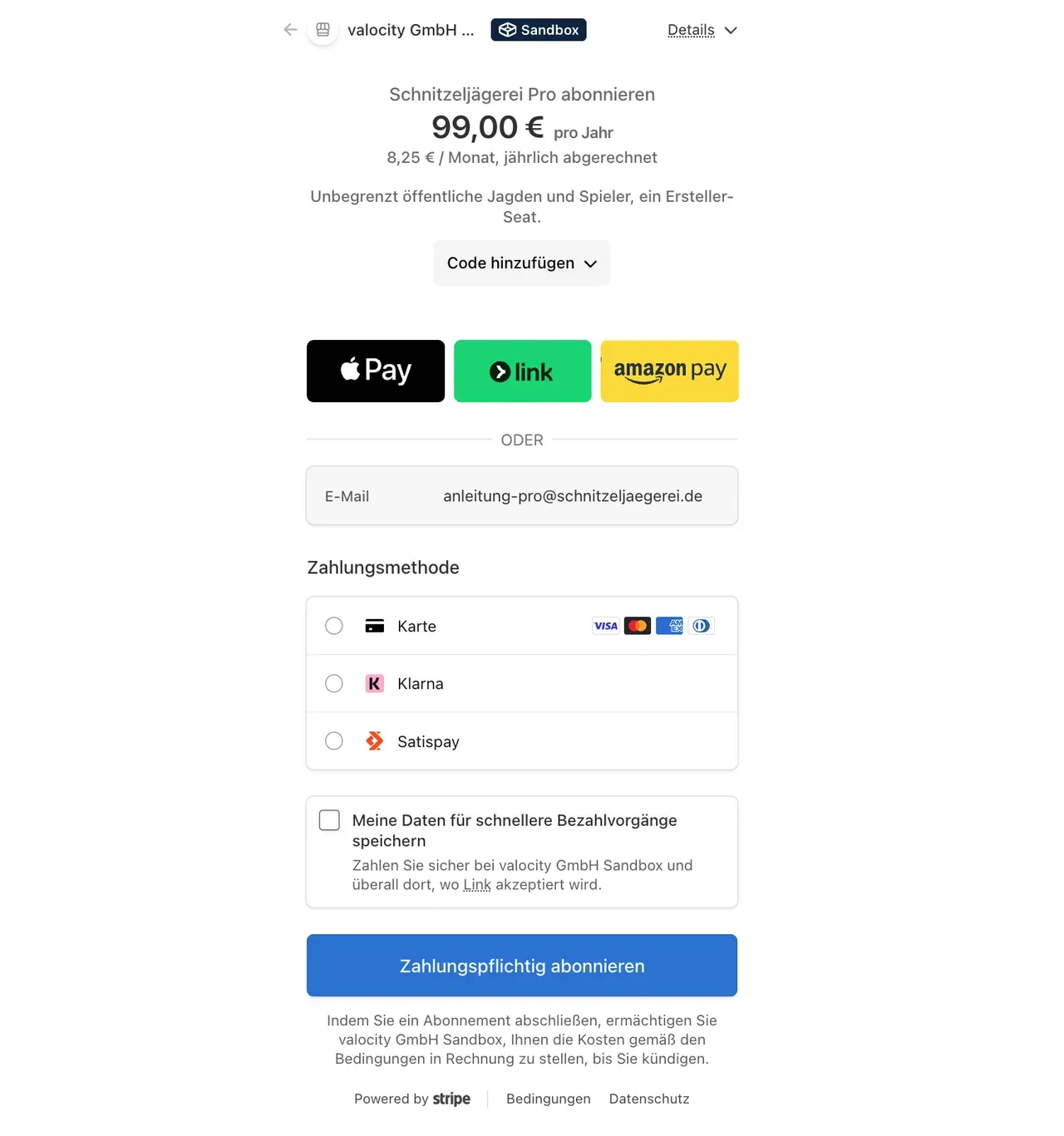 Stripe-Checkout: Schnitzeljägerei Pro abonnieren, 99 € pro Jahr, Zahlungsmethoden Karte, Klarna, Satispay