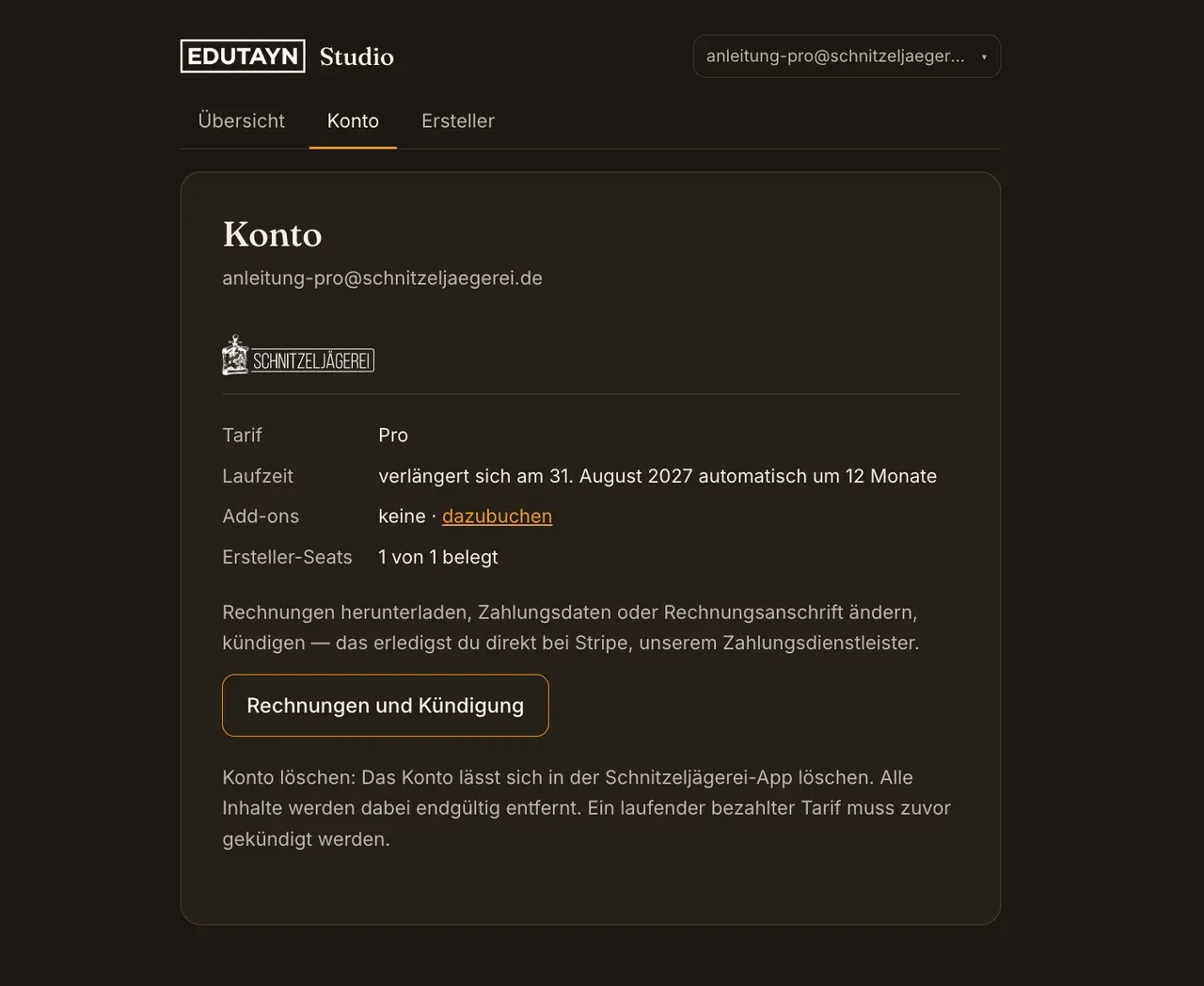 Konto-Tab nach dem Kauf: Tarif Pro, Laufzeit verlängert sich automatisch, ein Ersteller-Seat belegt, Button „Rechnungen und Kündigung“