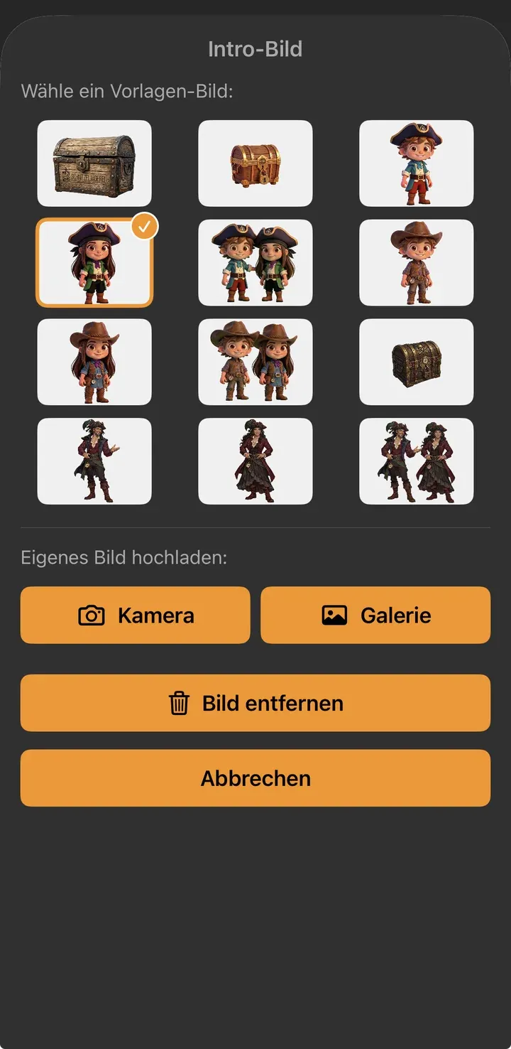 Auswahl des Intro-Bildes mit zwölf Vorlagen: Schatztruhen, Piraten- und Cowboy-Figuren