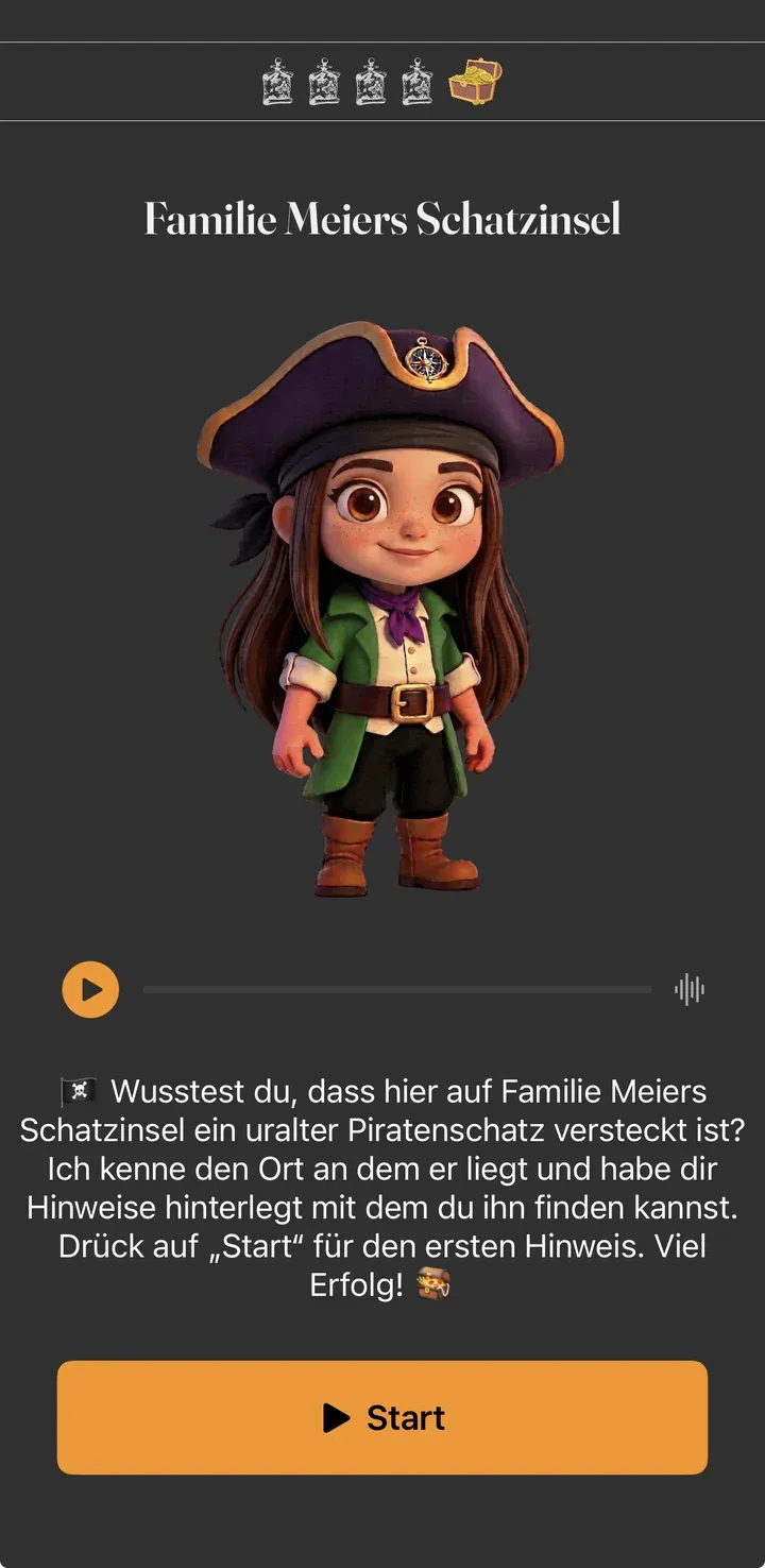 Intro-Screen im Spiel: Titel „Familie Meiers Schatzinsel“, Piratin, Tonaufnahme, Text und Start-Button