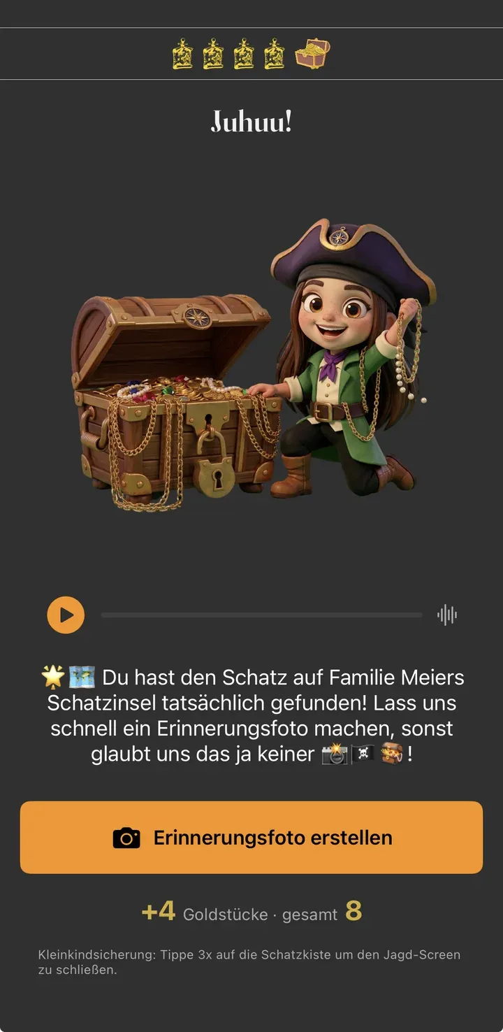 Eigener Erfolgs-Screen mit „Juhuu!“, Piratin an der Truhe und eigenem Text